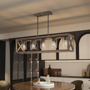 Dining Room Light Fixture, 5 Light, Natural Wood, Adjustable, Rectangle, 5 Light - L39"