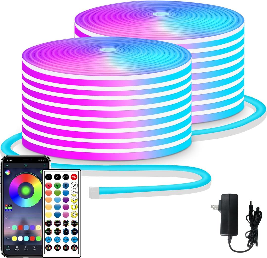 segrass 100ft LED neon Lights with Remote APP Control IP65 Waterproof Flexible Neon LED Strip Lights 24v RGB LED neon Rope Lights for Bedroom Room Outdoors Decor2 Rolls of 50ft