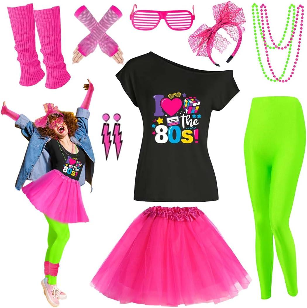 80s Outfit Women Costume Accessories Set T Shirt Shorts Tutu Skirt Neno Party Leg Warmers Headband (Large, Green)