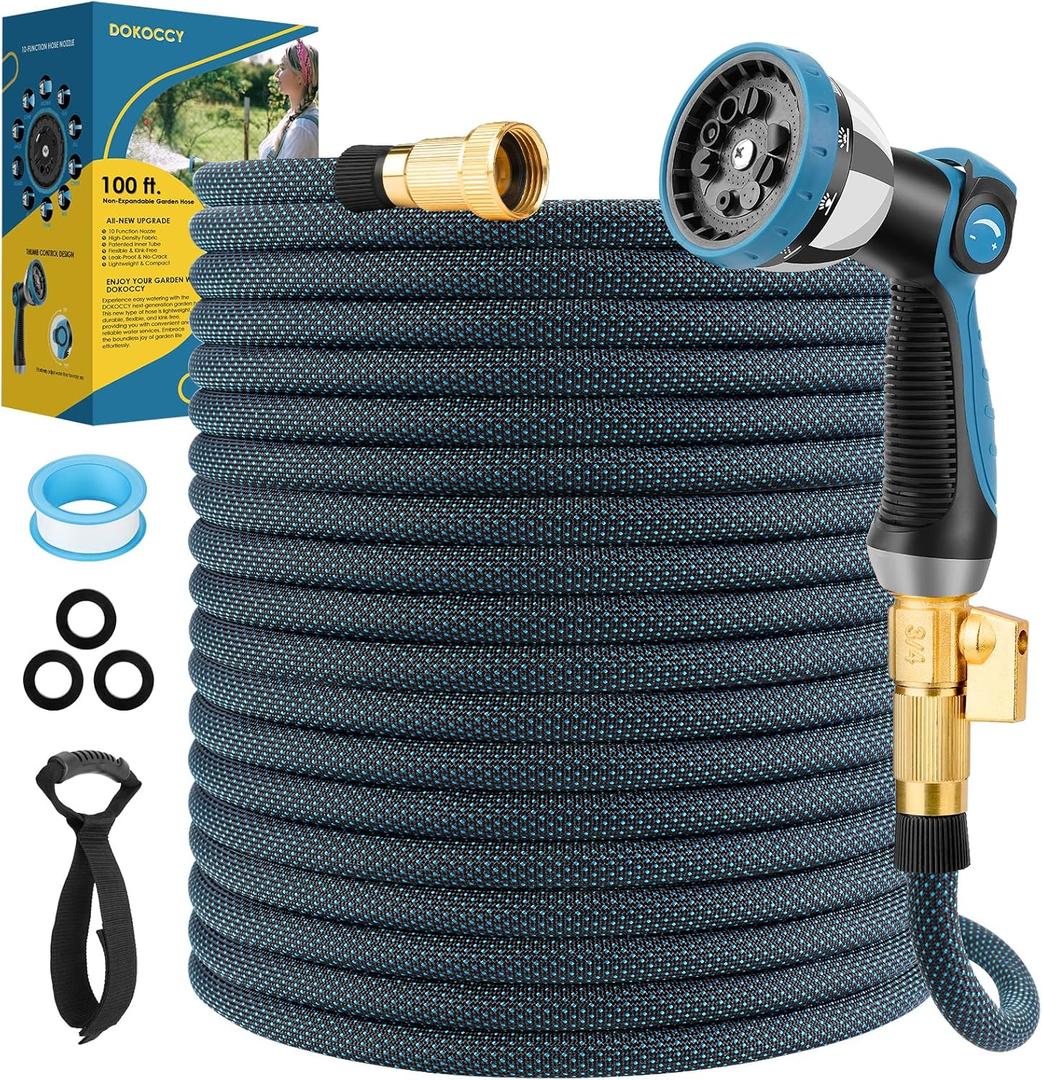 Non-Expanding Garden Hose 100 ft, Flexible Water Hose with 10 Function Spray Nozzle, Lightweight Hose Pipe, Leak-Proof, Durable, Kink-Resistant, 3/4 Inch Connector, Portable Storage Strap (Blue)
