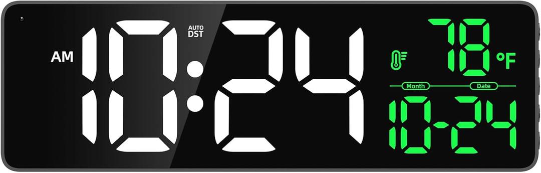 Large LED Digital Wall Clock with Date, Temperature, Auto-Brightness, Auto-DST | Big Digital Clock for Bedroom, Desk, Classroom, Living Room, Kitchen, Office, Gym, Farmhouse, Xmas Gift for Seniors (White)