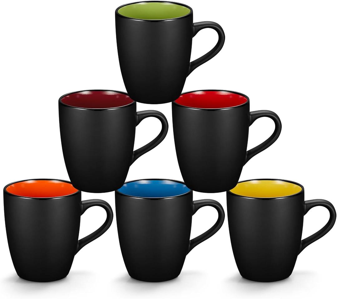 Qipecedm 6 Pack Porcelain Coffee Mugs Set, 12 Ounces Ceramic Coffee Mugs, Matte Black Coffee Mug, Restaurant Cups for Coffee, Tea, Cappuccino, Cocoa, Cereal, Black outside and Colorful inside