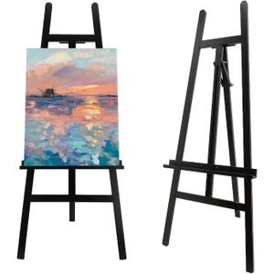 Large A-Frame Wooden Painting Display Black Easel, Large Adjustable Pine Wood Standing Easel Holding Canvas Up to 60'', Solid Wood for Display, Wedding Sign or Painting-Black, 24 x 37 x 55 inches