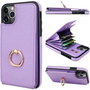 Folosu Compatible with iPhone 11 Pro Max Case Wallet with Card Holder, 360Rotation Finger Ring Holder Kickstand Protective RFID Blocking PU Leather Double Buttons Flip Cover 6.5 Inch Purple