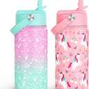 SANDJEST Kid Water Bottle 12oz with Straw Lid - 2-Pack Insulated Stainless Steel Water Bottles for Kids Girls - Travel Cup for Back to School Sports Christmas Birthday (Unicorn & Mermaid Scales)
