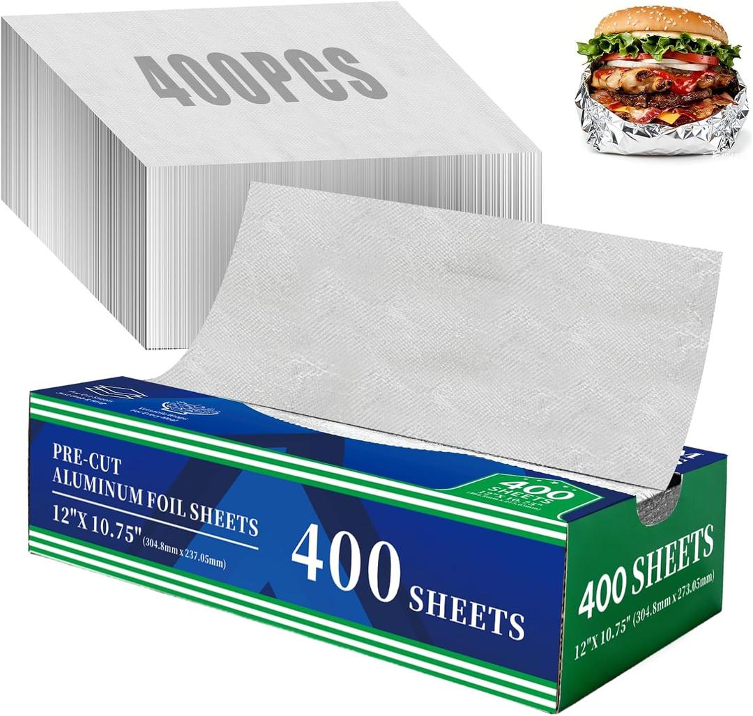 Aluminum Foil Sheets, 400 Pre-Cut Tin foil, 12" x 10.75" Pop-Up Foil Sheets for Food Wrap, Hot Dog or Sandwich Wrap, Grilling, Cooking, Baking, Catering, Restaurant, Kitchen Use
