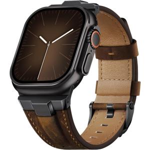Suitisbest Leather Band Compatible for Apple Watch Ultra Band 49mm 46mm 45mm 44mm 42mm 41mm 40mm, Genuine Leather Replacement Strap for iWatch series 11 10 9 8 7 6 5 4 3 2 1, SE 3 2 1, Ultra 3 2 1 (Black/Classic Retro Walnut)