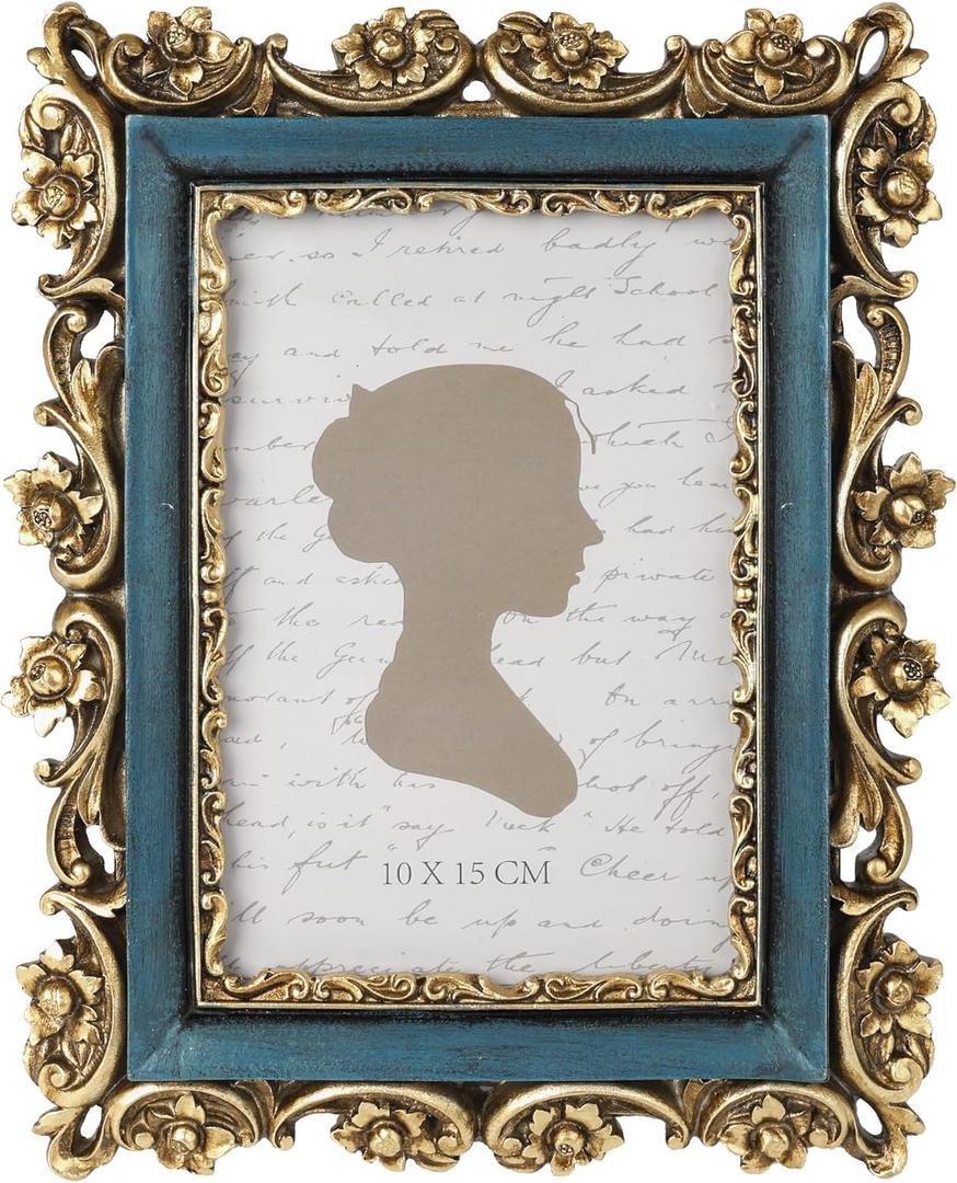 Sunlit Vintage Picture Frame 4x6 Inch, Luxury Antique Photo Frames with Glass Front, Photo Display, Tabletop Wall Hanging, Gift Ideas, Retro Blue and Gold
