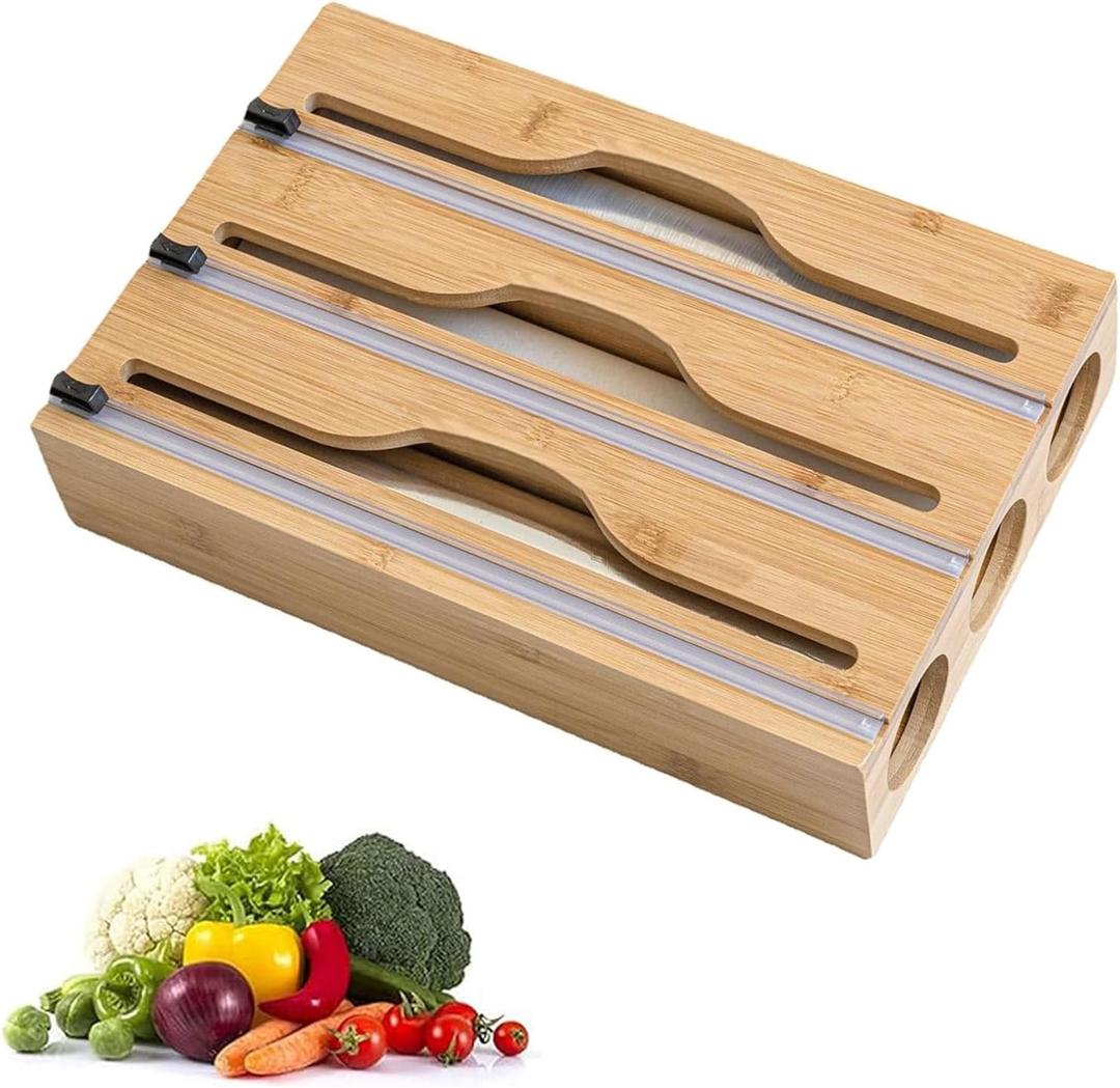 3 in 1 Plastic Wrap Dispenser with Cutter and Labels, Foil and Plastic Wrap Organizer, Aluminum Foil Organization and Storage, Foil Organizer for Drawer, Bamboo Aluminum foil Holder for 12.5"Roll Wrap