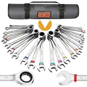 GRENPRO Ratcheting Wrench Set, 23PCS Combination Wrench Sets, Wrench Set Metric and Standard & SAE, 6-18mm & 1/4" to 3/4" with Color Ring, Ratchet Set With Roll Up Pouch, CRV Socket Mechanic Tool Sets