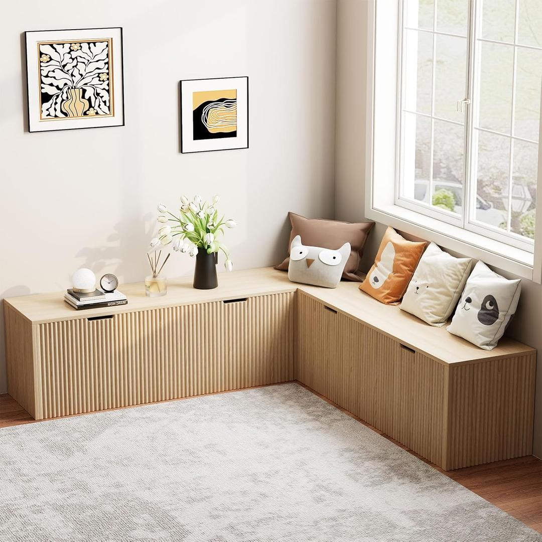 L-Shaped Corner Bench with Hidden Storage  Backless Breakfast Nook Seating, Modular Corner Nook Bench for Kitchen or Dining Room, Space-Saving Dining Bench with Storage