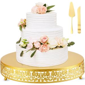 Wenqik 16 Inch Gold Cake Stand Set Metal Round Cupcake Dessert Stand with Cake Cutting, Spatula Wedding Cupcake Pastry Display Candy Holder Display for Wedding Party Birthday Baby Shower(Flower)