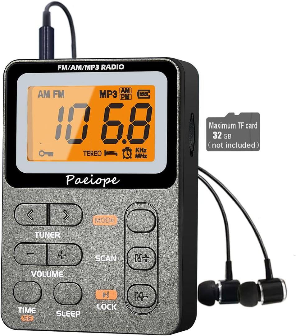 Paeiope Portable Radio AM FM, Rechargeable Pocket Speaker with Best Reception Digital Tuning, MP3, Stereo Earphone, Large LCD Screen, TF Card Socket, Transistor Radio for Jogging/Gym/Camping (Grey)