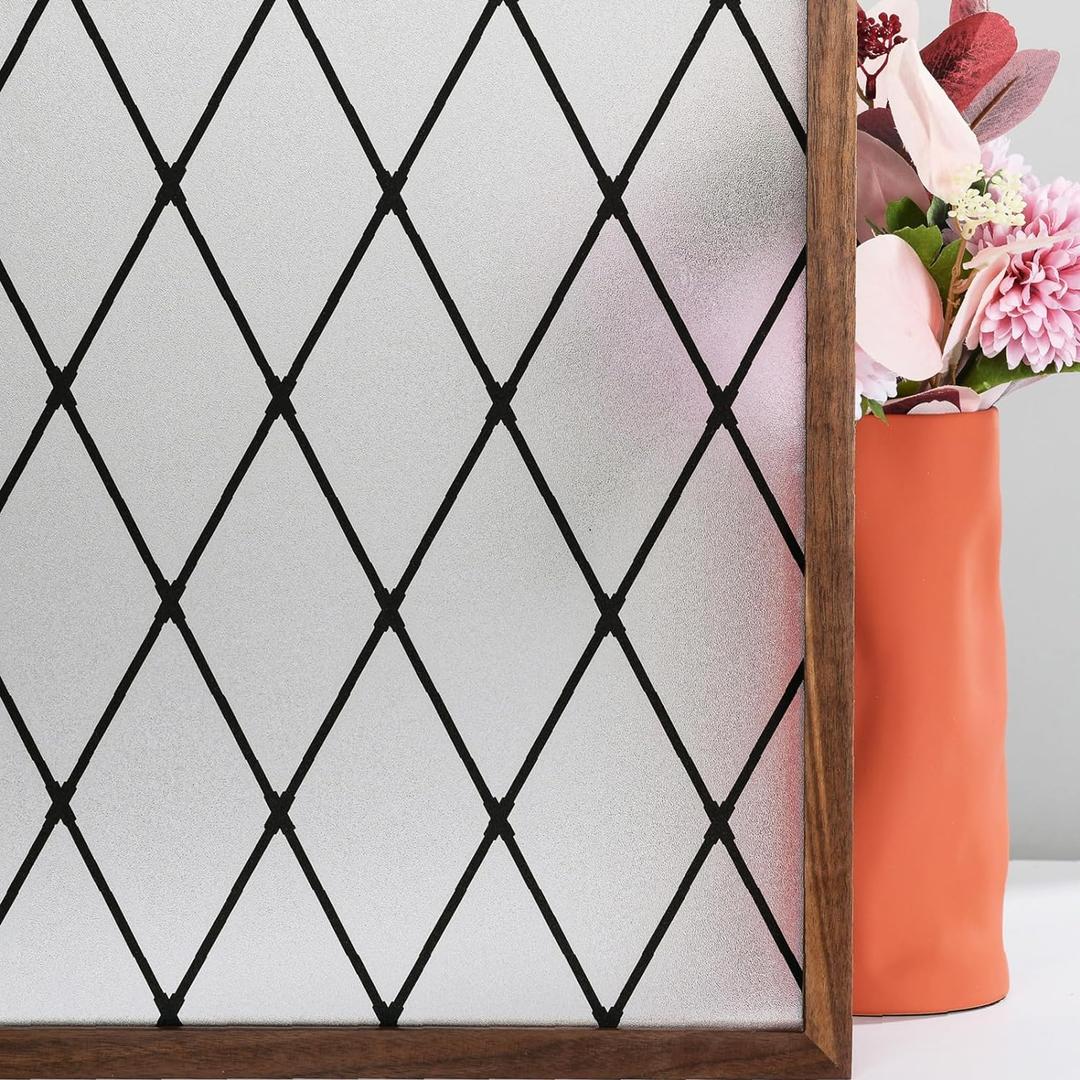 FEOMOS Window Privacy Film, Frosted Glass Window Film, Static Cling Window Tint for Home Dcor & Anti UV, Black Lattice Sun Blocking Window Covering 29.5x78.7inches