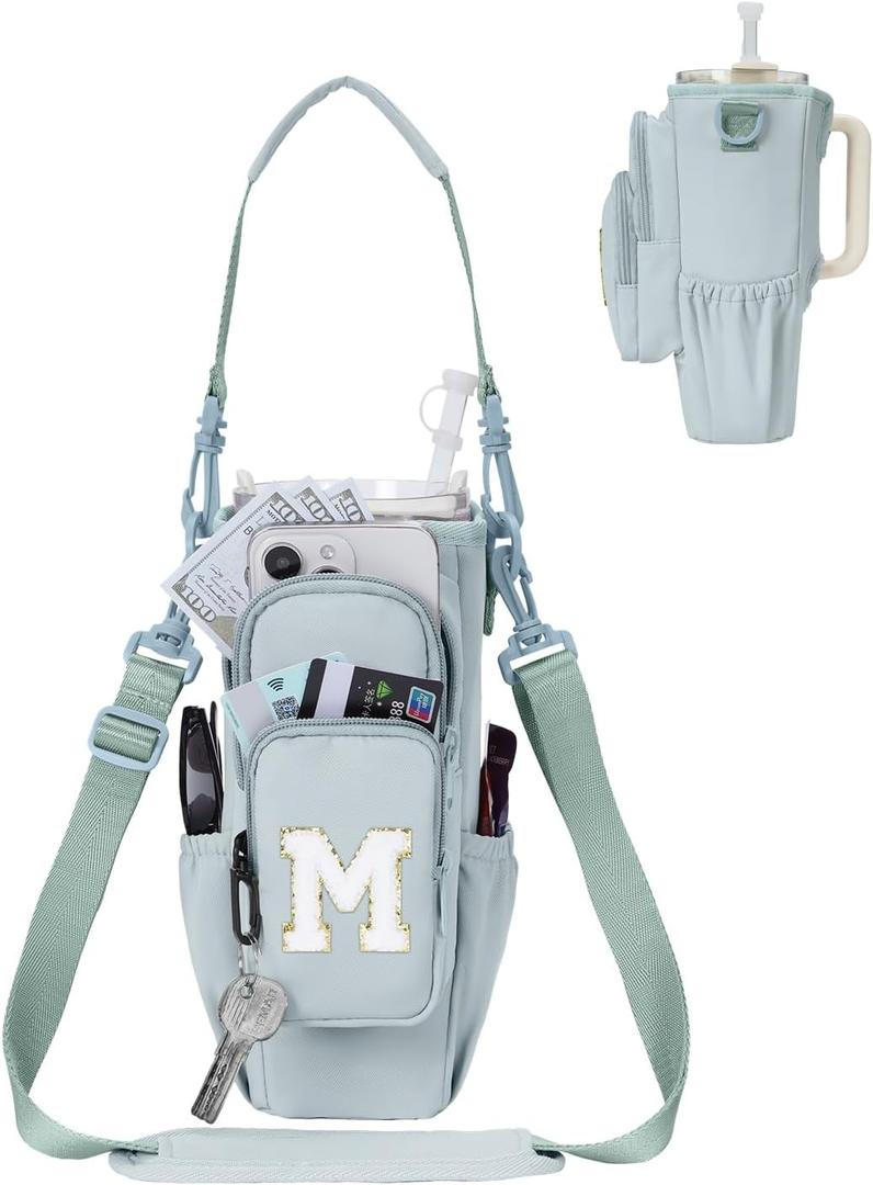 sportsnew Birthday Gifts for Women Personalized Initial Water Bottle Holder with Strap fits most 40oz Tumbler with Handle Water Bottle Carrier Bag with Phone Pocket & Straw Topper Tumbler Accessories (Green)