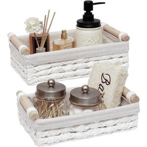 Storage Basket Wicker Baskets for Organizing with Handle Decorative Storage Bins for Countertop Toilet Paper Storage Basket for Toilet Tank Top Small Baskets Set (Set of 2,White)