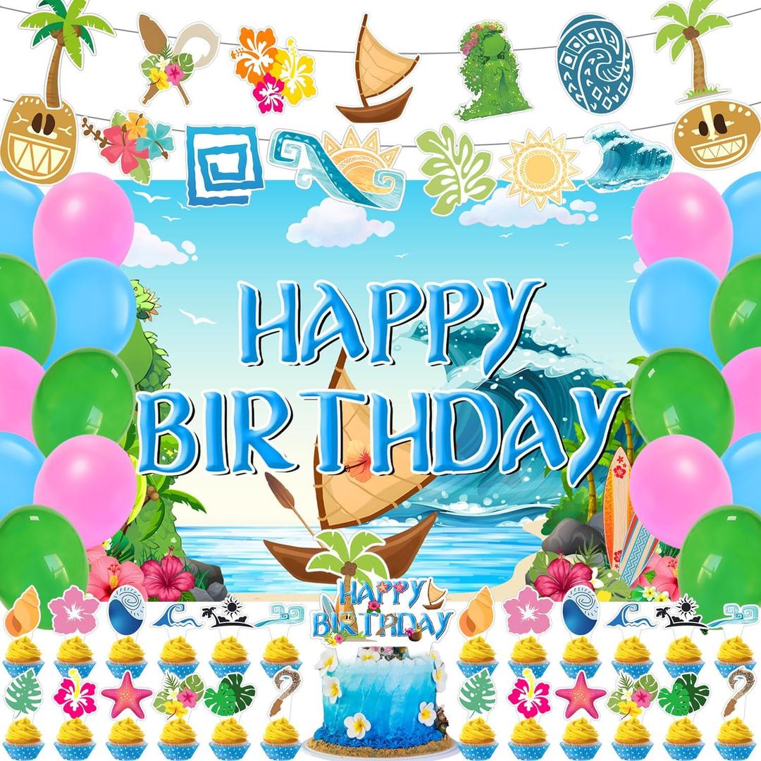 59 Pcs Hawaiian Birthday Party Supplies, Tropical Luau Summer Themed Party Decoration Hawaiian Backdrop Balloons Cake Cupcake Topper for Palm Leaf Flower Themed Party Decor