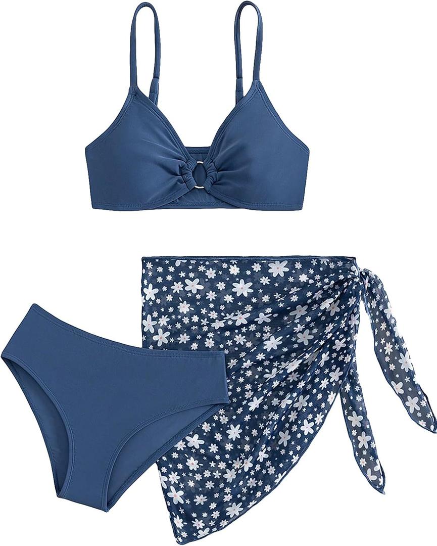 COZYEASE Girls' 3 Piece Bikini Set Ditsy Floral Print Wireless Swimsuit with Beach Skirt (Navy Blue), 13Y