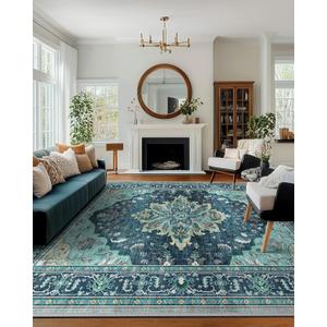 Area Rugs 10'x14' Washable Non-Slip, Floral Vintage Distress Print Pattern Medallion Carpet for Living Room Bedroom Dining Room, Teal Green Lake Blue