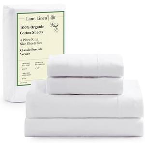 LANE LINEN 100% Organic Cotton King Size Sheets Set, Soft & Comfy All Season Breathable Sheets King Size, Percale Weave Fully Elasticized Eco Friendly Naturally Cooling King White Bed Sheets