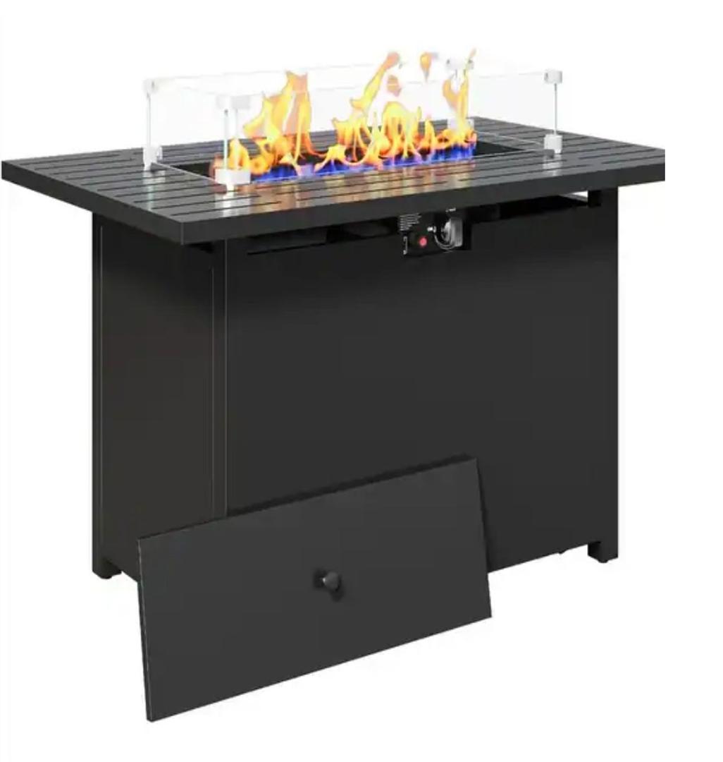 43" 2in1 Black Fire Pit Table with Lid & Glass Shield, 50000 BTU CSA Certified, Waterproof Cover