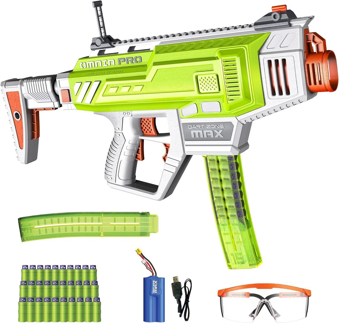 Dart Zone Max Omnia Pro Gen 3 Foam Dart Blaster150 FPS Full Auto Foam Dart Blaster for AdultsElectric Foam BlasterElite Blaster for Ages 14+ with 30 Half Length Darts, Sight, Mags, Stock & Eyewear