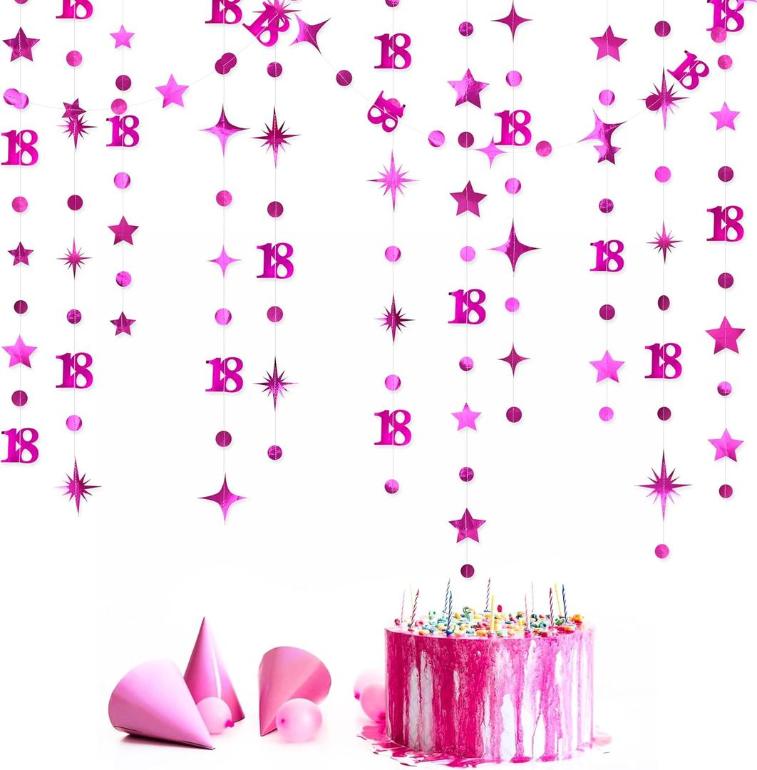 Hot Pink 18th Birthday Decorations Number 18 Circle Dot Twinkle Star Garland Metallic Streamer Banner Backdrop for Girls Happy 18th Birthday Time to Adult Cheers to 18 Years Old Anniversary Party
