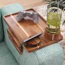3 in 1 Acacia Wood Couch Arm Tray,Couch Tray with Cup Holder and Phone Holder,Folding Sofa Armrest Trays Clip-On Sofas Desk for Drinks,Snacks,Phone,Remote Control
