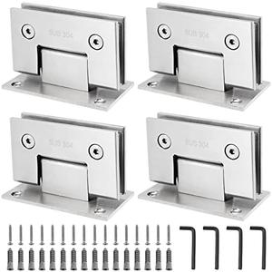 SEUNMUK 4 Pack Glass Door Hinge, 90 Degree Stainless Steel Glass Door Cupboard Showcase Clamp Heavy Duty Shower Door Hinges Replacement Part Wall-to-Glass, Fits 8-12mm Glass, Brushed Nickel