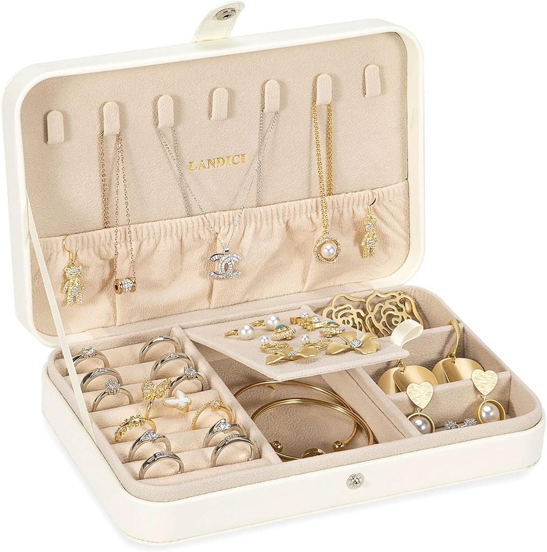 LANDICI Small Jewelry Box for Women Girls, PU Leather Travel Jewelry Case, Portable Jewelry Organizer Storage Holder Display for Ring Earrings Necklace Bracelet Bangle Men Kids Gift, White (8.26(L)x5.5(W)x1.7(H) inch)