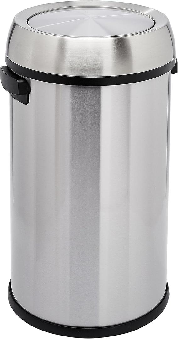 Amazon Basics Round Stainless Steel Trash Can with Swing Lid, Fingerprint and Smudge Resistant, 65 Litre/17.2 Gallon, Silver, Black