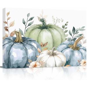 Fall Canvas Wall Art - Eucalyptus Leaf Thanksgiving Pumpkin Patch - Modern Wall Decor Gallery Canvas Wraps Giclee Print Stretched and Framed Ready to Hang - 12" x 16" (Sky Blue White)