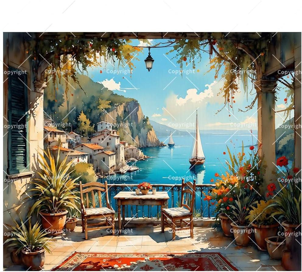 Coastal Scene Paint by Numbers Kit for Adults - DIY Mediterranean Balcony with Sailboats and Flowers Painting on Canvas 16x20In, Acrylic Paint Set for Beginners, Art for Home Decoration or Gifts
