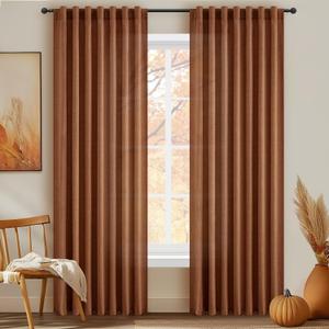 Burnt Orange Bedroom Curtains 84 Inch Length 2 Panels Set, Cozy Rustic Light Filtering Fall Sheer Curtains Western Decor Terracotta Privacy Window Drapes for Dining Room Linen Hooks Pleated Rust