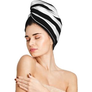 famliihw Black and White Stripe Hair Towel Wrap Microfiber Fast Drying Hair Turban with Buttons for Women Men Drying Curly, Long & Thick Hair