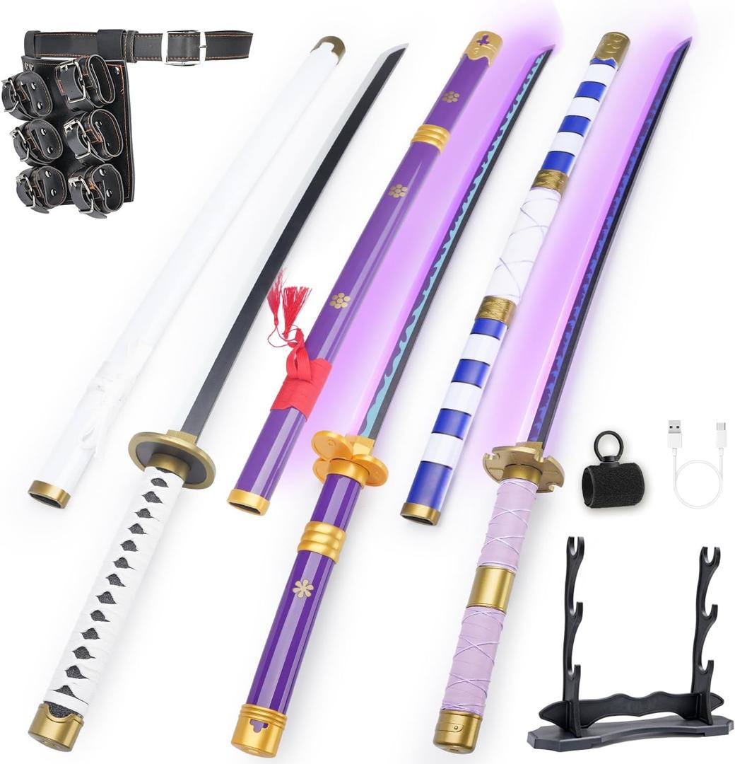 RENGENG Light Up Sword, 40 Inches Rechargeable Pre-Assembled Plastic Replica Anime Sword with Belt & Stand & Spinner set of 3