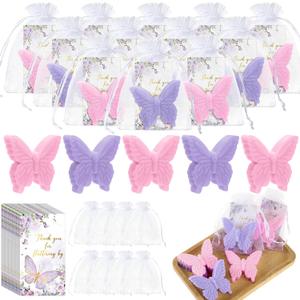 Dunzy 50 Set Wedding Favors Butterfly Theme Baby Shower Favors for Guests Butterfly Soap Gifts with Thanks You Card Gender Reveal Baptism Party Decorations Engagement Souvenirs (Purple,Pink)