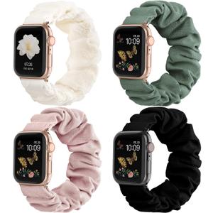 Recoppa Compatible for Apple Watch Band Scrunchie 38mm 40mm 41mm 42mm 44mm 45mm 46mm Cute Printed Elastic Solo Loop Bands Women Bracelet Strap for iWatch Series 11 10 9 8 7 6 5 4 3 2 1 SE, 4 Packs (Black/Floral Lace/Pink/Pine Green)
