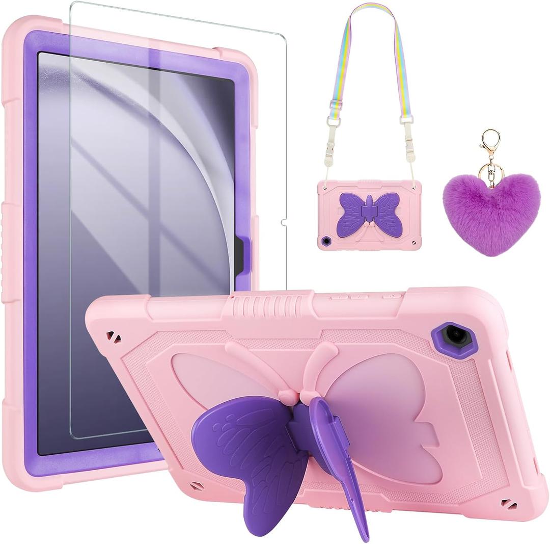 WESADN for Samsung Galaxy Tab A9 Plus Case for Kids 11 Inch 2023 with Screen Protector/Butterfly Kickstand/Lanyard/Keychain Shockproof Rugged Protective Cover for Samsung Galaxy Tab A9+ 11" Pink (Pink Purple)
