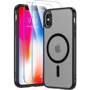 for iPhone X XS Case, iPhone X Case with Screen Protector, iPhone Xs Phone Case Compatible with Magsafe, Magnetic Military Grade Shockproof and Dropproof Phone Case, Silky Soft Touch, Black