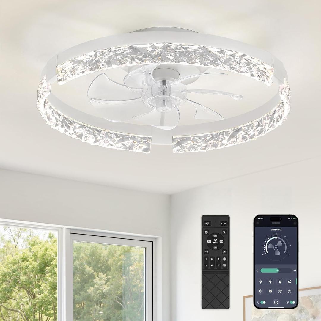 ZMISHIBO 19.7" Ceiling Fans with Lights, Low Profile Ceiling Fan and Remote, Flush Mount Ceiling Fans, Stepless Dimmable LED Light, White Fixtures for Bedroom, Living Room