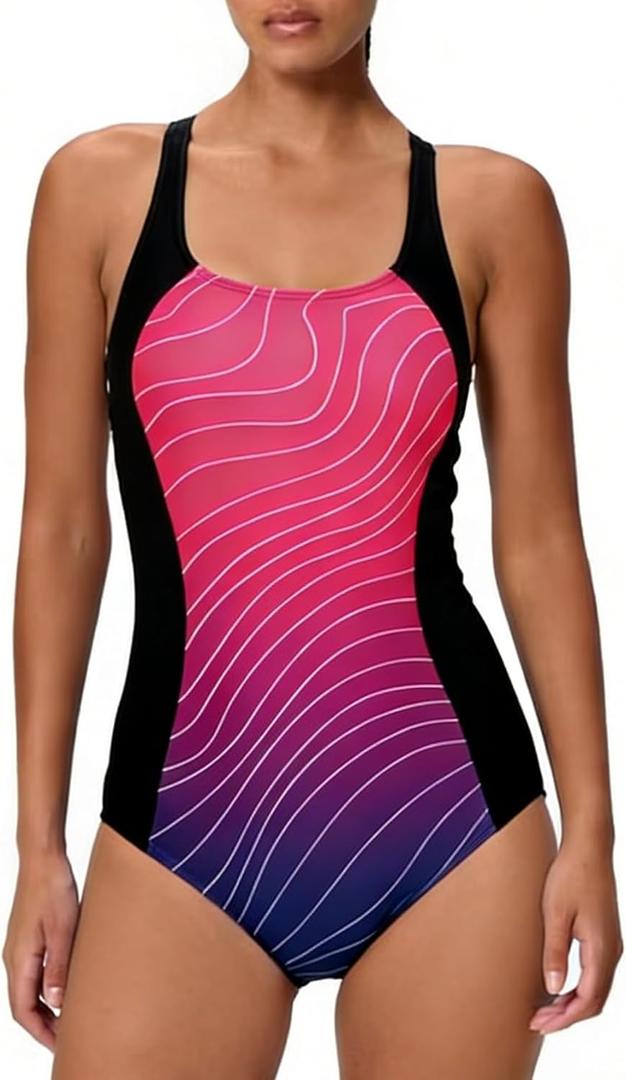Halcurt Women's Athletic Swimsuit Adjustable Strap One Piece Swimsuit Racerback Bathing Suit (Large, Black Ombre Geometric)