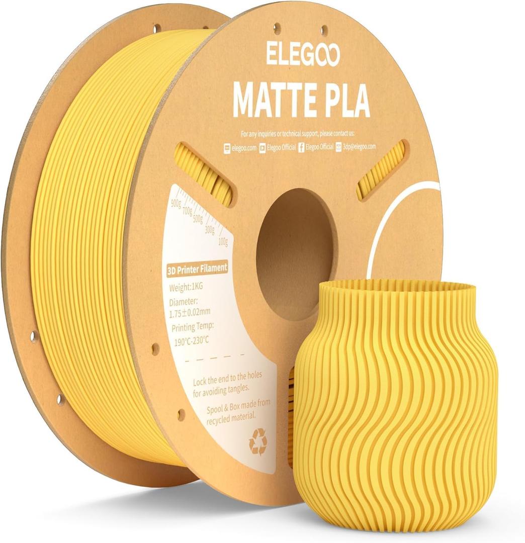 ELEGOO Matte PLA Filament Sunshine Yellow 1KG, 1.75mm 3D Printer Filament Dimensional Accuracy +/- 0.02mm, 1kg Carboard Spool (2.2lbs) for Most FDM 3D Printers