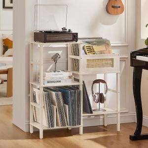 LELELINKY Record Player Stand, White Cream Oak Wood Record Holder with Vinyl Storage Holds up to 300+ Albums, 3-Tier Rattan Media Table with Vinyl Display Shelf, Record Storage Cabinet for Living Room