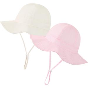 Baby Girl Sun Hat Toddler Beach Hats with UPF 50+ Protective Infant Summer Hat with Wide Brim Baby Girls Bucket Hat (6-12 Months, Pink Stripe + Beige Stripe)