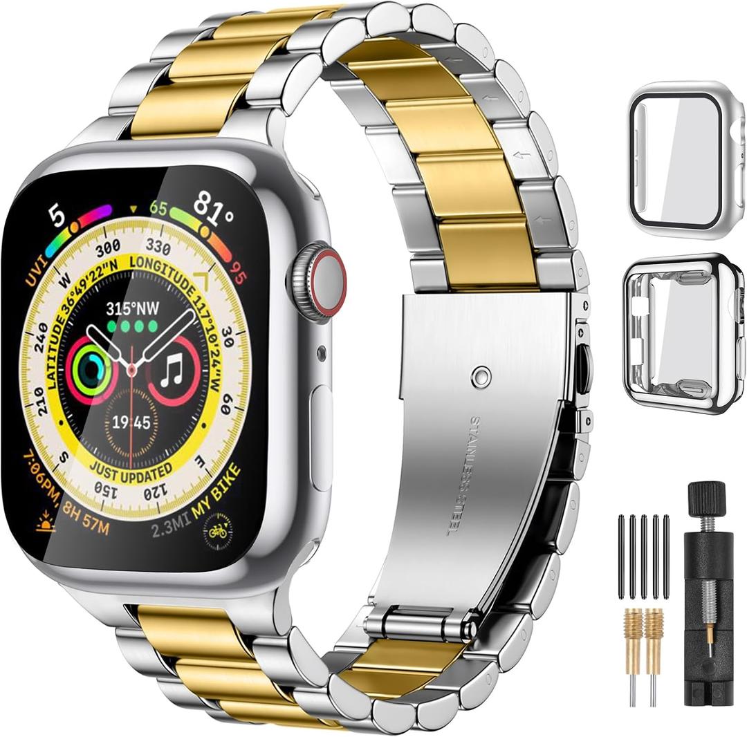 Lerobo Compatible with Apple Watch Band 44mm 42mm 40mm 38mm 41mm 45mm 46m 49mm, Solid Stainless Steel Metal Band with 2 Pack Protective Cover Case for iWtach Series 11 10 9 8 7 6 5 4 3 SE Ultra Men Women