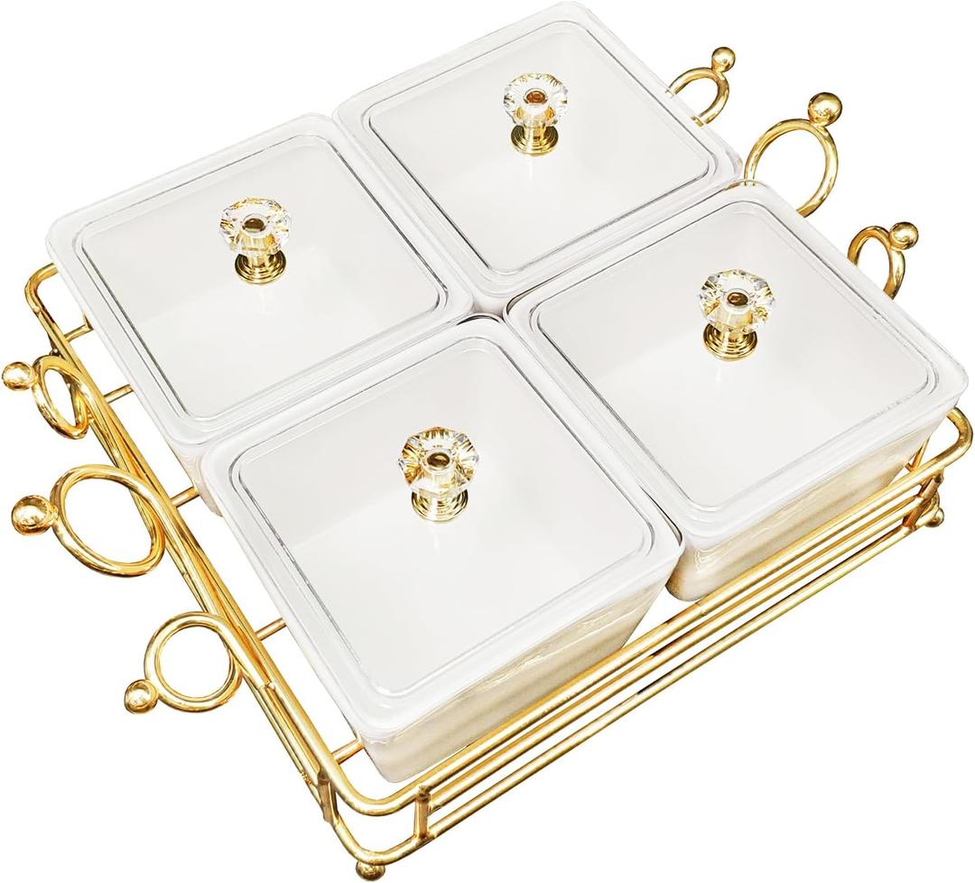 YA JU Ceramic Bowls and with Lid Gold Basket Trays, 4 Removable Small Bowls Condiment Trays Nut Serving Set for Snacks, Fruits, Candy and Condiments - Great for Parties, Holiday Gifts, White