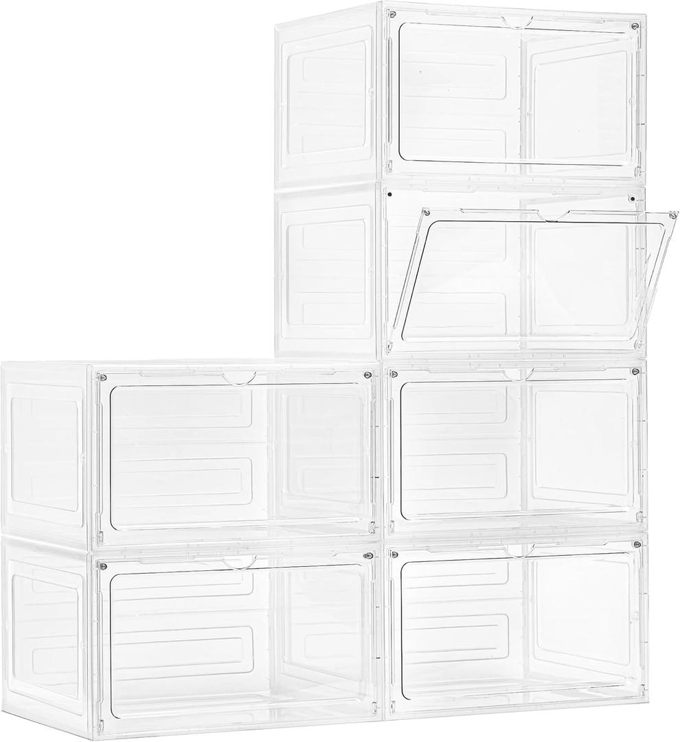 Purse Organizer For Closet 6 Pack Stackable Storage Bins With Lids Clear Plastic Handbag Organizer Purse Storage With Magnetic Door Display Case For Cosmetic Hats, Clear White