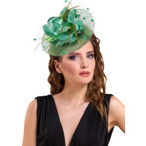Fascinators Hats Women Pillbox Hat Feathers Derby Headband Wedding Headwear Tea Party Hair Clip 20s 50s Top Hat (Green)