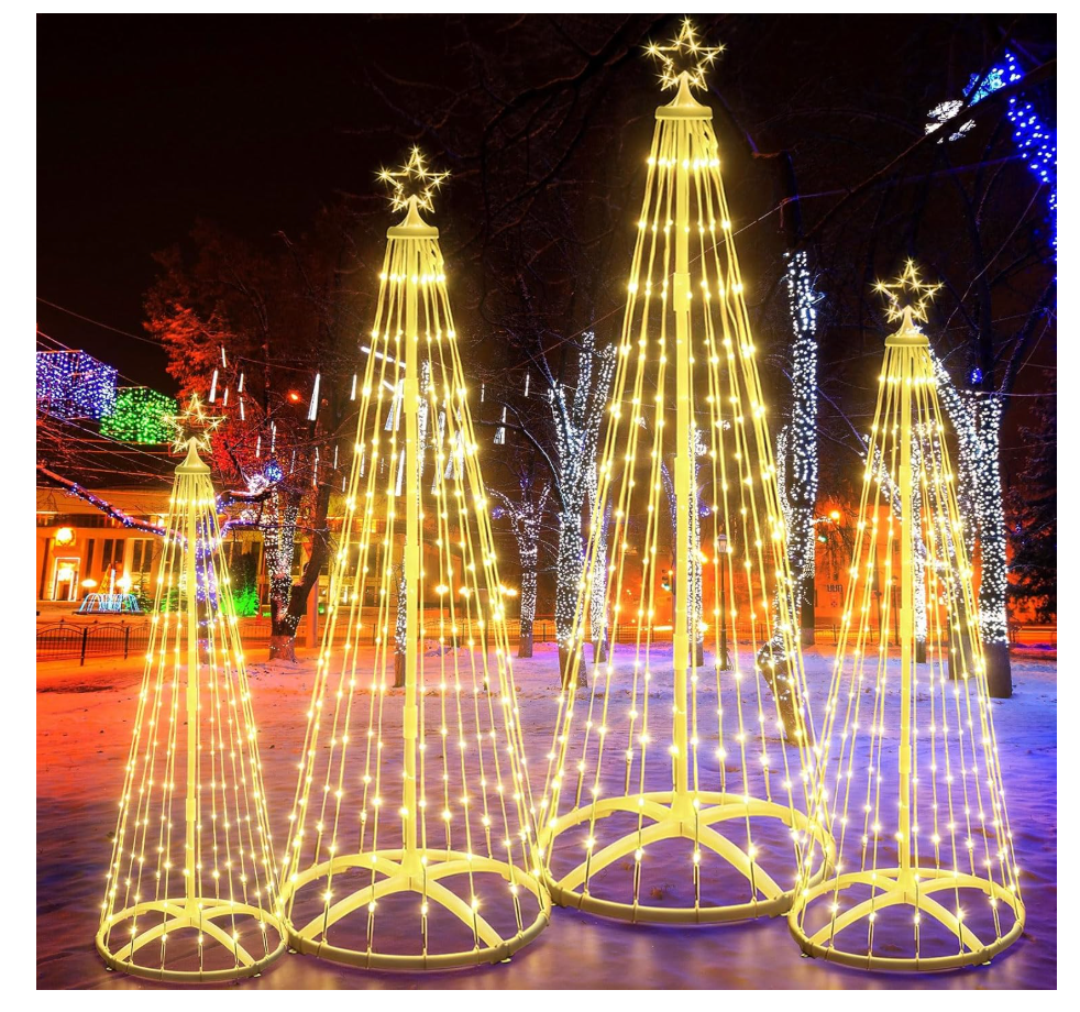 Tujoe 4 Pack 4/5/6/7 Ft Christmas Cone Trees LED Lights Outdoor Lighted Smart Timer with 8 Lighting Modes, Warm White Dimmable Christmas Tree with Star Topper for Indoor Outdoor Holiday Decor